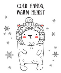 Vector line drawing postcard with cute winter bear and cozy slogan in flat design