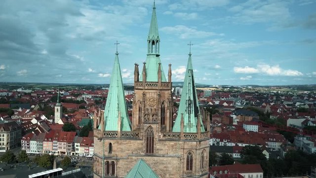 Drone shot of cityscape with church, Erfurt, Germany