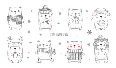 Vector collection of line drawing cute winter bears in cozy clothes