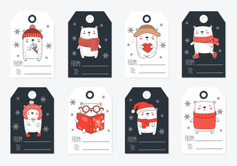 Vector line drawing tags collection of cute winter bears and cozy slogan in flat design