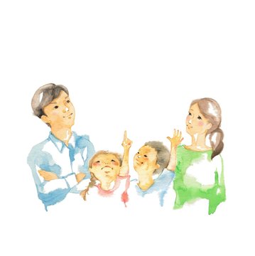 上を見上げる家族
