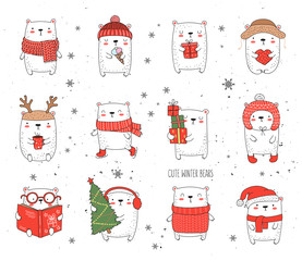 Vector collection of line drawing cute winter bears in cozy clothes