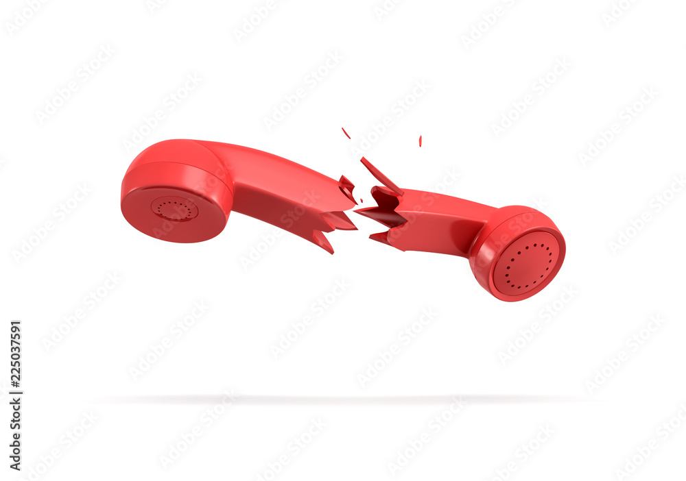 Wall mural 3d rendering of a red retro phone receiver broken in half on a white background.