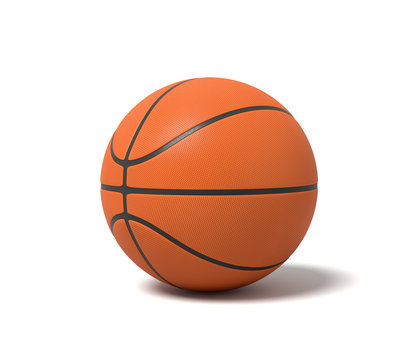 3d rendering of an orange basketball with black stripes standing on a white background.