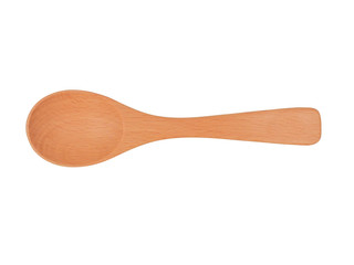 Top view of brown and warm color empty wooden spoon isolated on white background.Spoon is a small, shallow oval on a long handle, used for eating and stirring food.