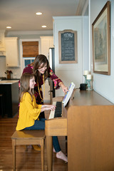 Mom Teaches Daughter Girl Piano Lessons Inside Home