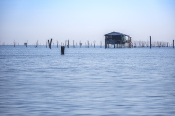 Many fisherman hut in the gulf of Thailand at Bang Taboon Samut Songkhra, Thailand. Unseen of Thailand