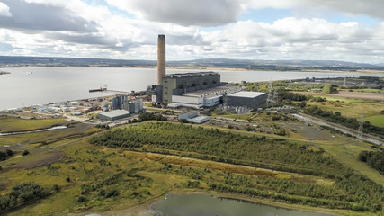 Fototapeta na wymiar Aerial image of Longannet power station on the north coast of the Firth of Forth in Scotland, near Kincardine. Now disused and in the process of being demolished.