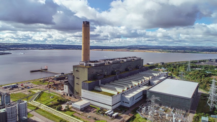 Aerial image of Longannet power station on the north coast of the Firth of Forth in Scotland, near Kincardine. Now disused and in the process of being demolished.