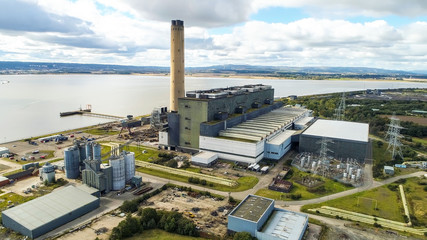 Aerial image of Longannet power station on the north coast of the Firth of Forth in Scotland, near Kincardine. Now disused and in the process of being demolished.
