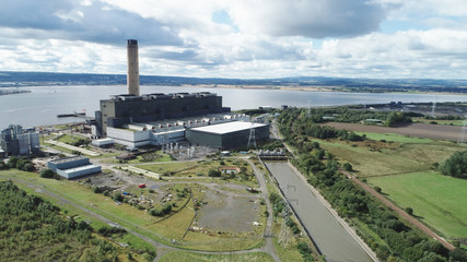 Aerial image of Longannet power station on the north coast of the Firth of Forth in Scotland, near Kincardine. Now disused and in the process of being demolished.
