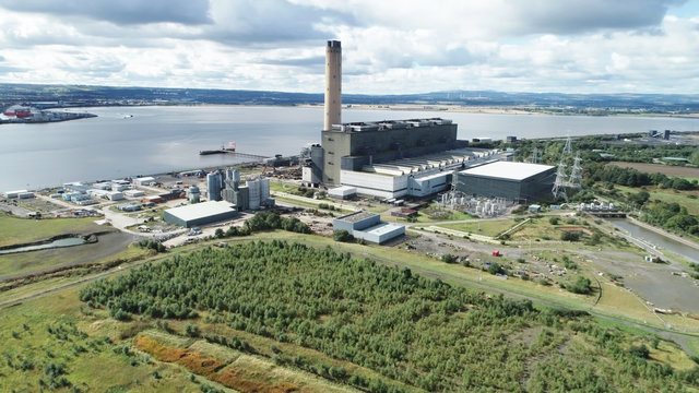 Aerial image of Longannet power station on the north coast of the Firth of Forth in Scotland, near Kincardine. Now disused and in the process of being demolished.