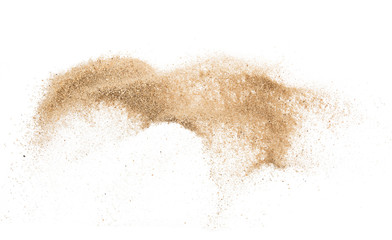 Sand flying explosion isolated on white background ,throwing freeze stop motion object design - obrazy, fototapety, plakaty
