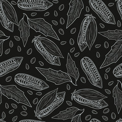 Sesame. Wallpaper, seamless. Leaf, seed, fruit. Sketch. Monochro