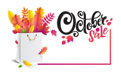 Vector banner with autumn special offer, advertising October Sale. Shopping bag with bouquet of fallen autumn leaves.