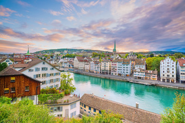 Beautiful view of historic city center of Zurich at sunset - obrazy, fototapety, plakaty