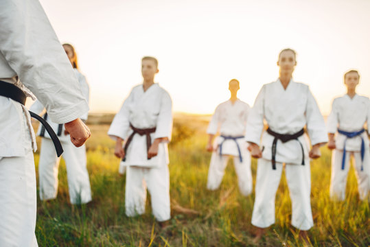 Karate team on training with master in field