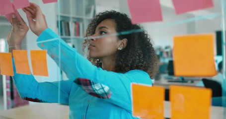 African American black employee looking onto a glass wall with sticky notes, framework for managing work, scrum methodology. 4K UHD 60 FPS SLOW MOTION