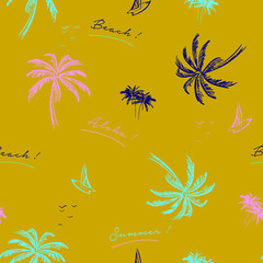Fototapeta na wymiar Beautiful seamless island pattern on yellow background. Landscape with colorful palm trees,beach and ocean vector hand drawn style.