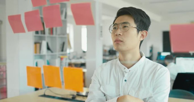 Asian Chinese employee looking onto a glass wall with sticky notes, framework for managing work, scrum methodology. 4K UHD 60 FPS SLOW MOTION