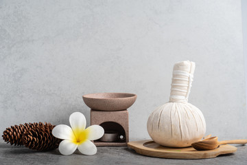 Aromatherapy  product  Spa set massage with concrete  background. top view,flat lay composition.