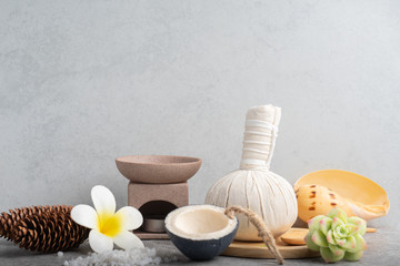 Aromatherapy  product  Spa set massage with concrete  background. top view,flat lay composition.