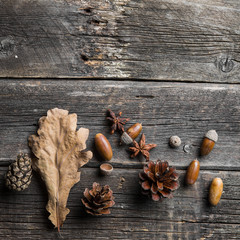 Autumn composition. Frame made of autumn dried leaves on dark wooden vintage background.
