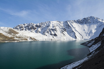 Cajon del Maipo (canyon) in Embalse El Yeso landscape, turquoise water, Los Andes, Chile