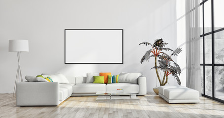 Modern bright interiors apartment with mock up poster frame illustration 3D rendering computer generated image - obrazy, fototapety, plakaty
