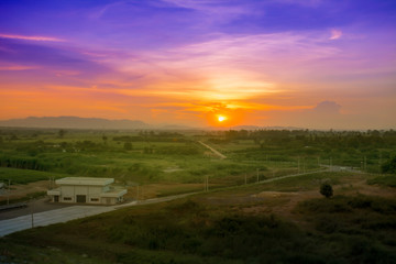 Fototapeta na wymiar Sunrise - Dawn, Sunset, Field, Cultivated Land, Land