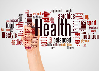 Health word cloud and hand with marker concept