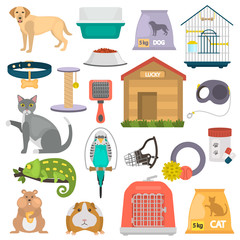 Pet shop color vector icons set. Flat design