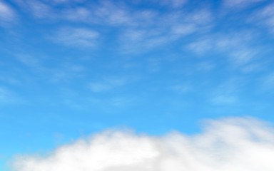 Blue sky background with white clouds. Abstraction group of clouds on clear blue sky on sunny day. 3D illustration