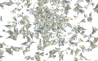 Flying dollars banknotes isolated on a white background. Money is flying in the air. 100 US banknotes new sample. 3D illustration