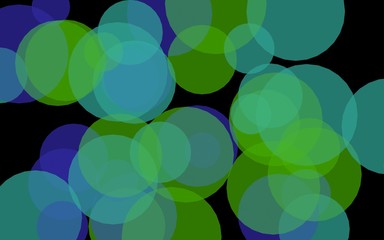 Multicolored translucent circles on a dark background. Green tones. 3D illustration