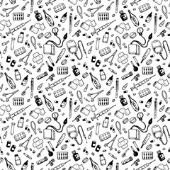 Seamless pattern with medical supplies. Vector background illustration. Medical black and white seamless pattern, clinic vector background. Hospital doodle style elements.