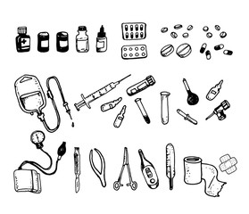 Black and white vector set in doodle style with medical Instruments. Hand drawn healthcare isolated design elements of medical supplies.