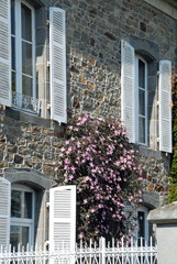 Fototapeta na wymiar Ville de Combourg, maison bretonne avec volets blancs ouverts, rosier rose grimpant sur le mur, département d'Ille-et-Vilaine, Bretagne, France