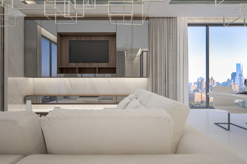 Large sofa with glossy tv cabinet in penthouse room , 3d rendering
