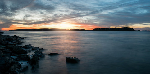 Fototapeta na wymiar Sunrise on Danube river, Romania.Panoramic view