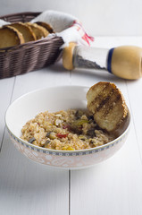 Risotto with vegetables, eggplant and peppers.