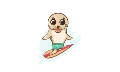 Cute surfer - seal. Hawaiian mascot. Fun art. Flat summer illustration.