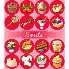 A set of delicious desserts and festive food. Sketch for holiday stickers, cards or party invitation. Cake pops, pudding, ice cream, cheesecake, cupcake, muffin. Vector cartoon close-up illustration.