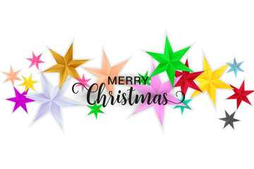 Merry Christmas typography. Christmas vector card with bright colorful stars on white background.