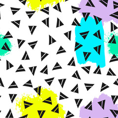 Triangles and abstract color spots. Seamless pattern. Geometric background for covers, textile. Doodles