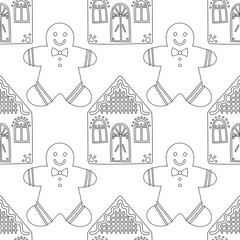 Gingerbread. Black and white illustration for coloring book or page. Christmas, holiday background.
