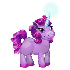Cute unicorn pony with a purple mane isolated on white background. Vector cartoon close-up illustration.