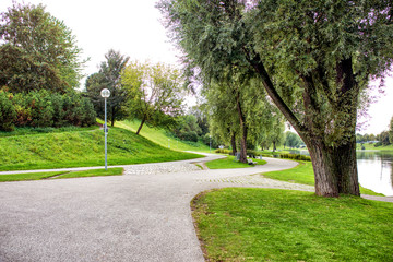 Lawn, trees and path in summer park.