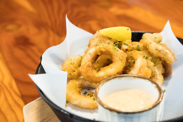 Close up of Calamari, Fried Squid served on plate.
