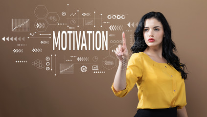 Motivation text with business woman on a brown background